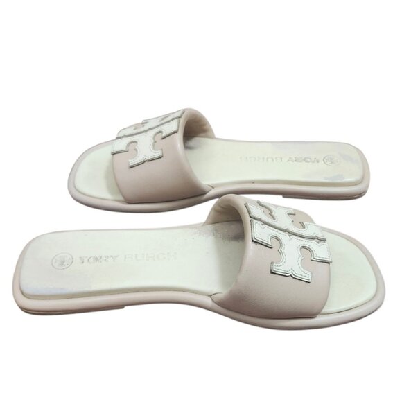 Tory Burch Women Leather Slide Sandals Double T Logo Beige Cream Flat Slip On 10 - Picture 7 of 13